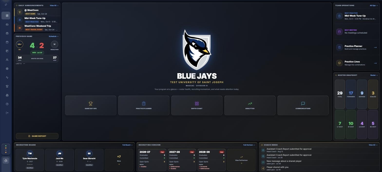HOULI Sports coach dashboard — record, next game and practice, roster snapshot, recruiting board, and coach inbox all in one view