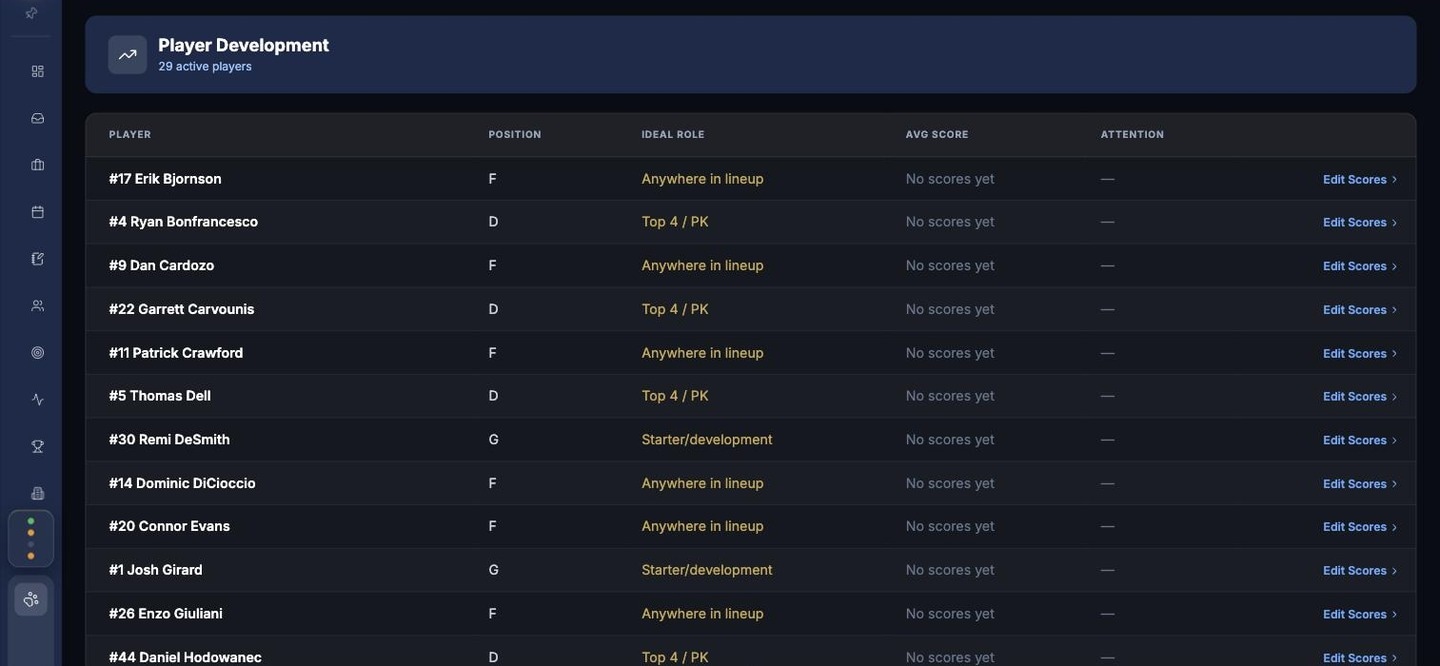Player Development tracker listing players and ideal roles