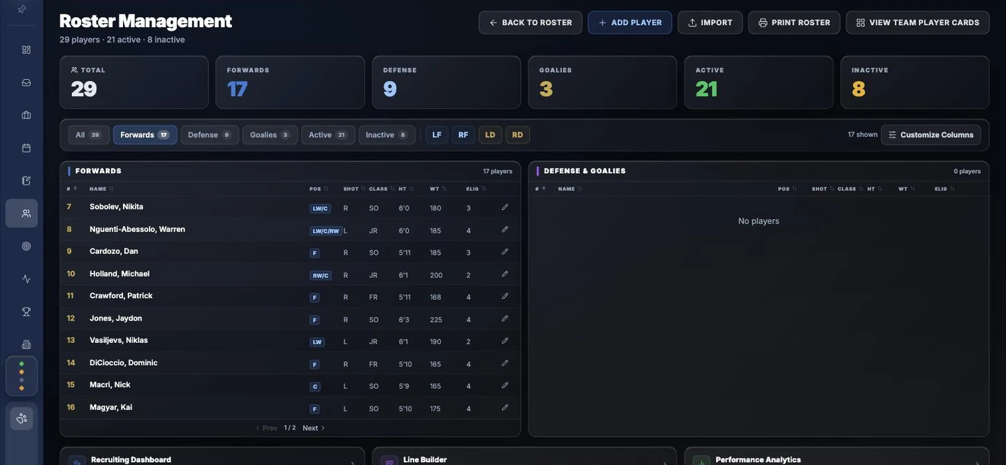 Roster Management screen — filtering the real roster by Forwards, Defense, and Goalies