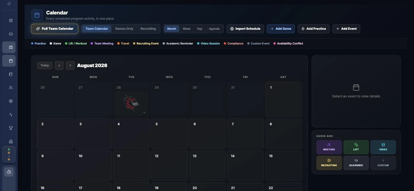 Team Operations calendar — switching between month and full-season agenda views